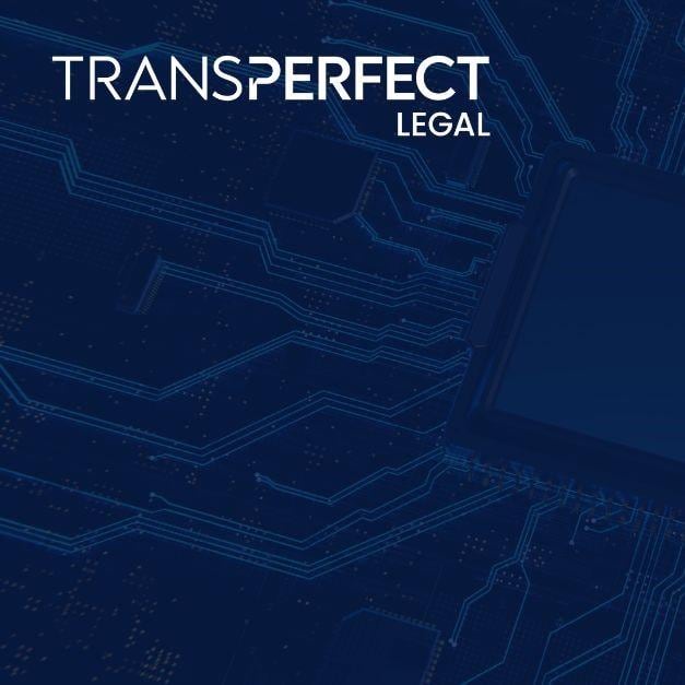 TransPerfect Legal logo over an image of a microchip